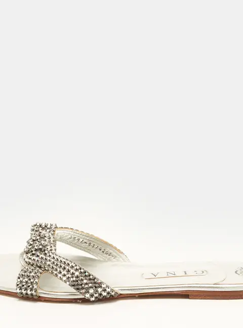 Gina Size 42 Silver Leather Crystal Embellished Flat Slides