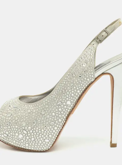 Gina Crystal Embellished Size 40.5 Silver Satin Slingback Platform Pumps