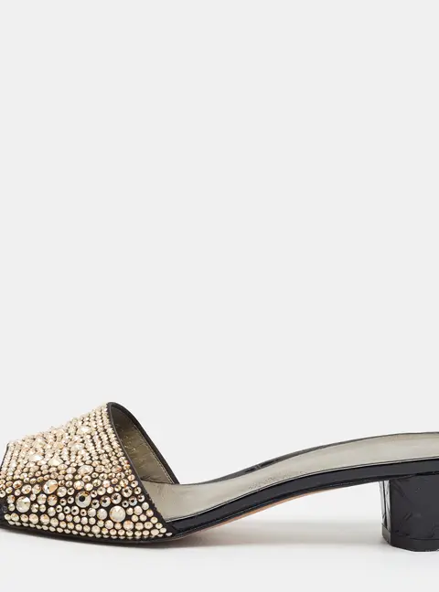 Gina Size 37 Black Croc Embossed Patent Leather  Crystal Embellished  Slide Sandals