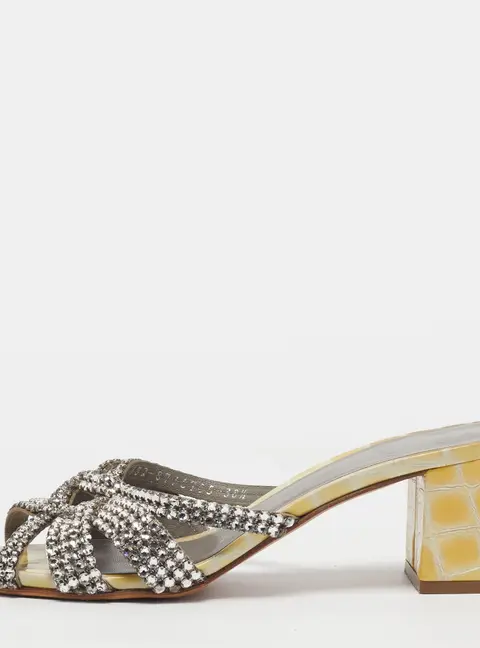 Gina Size 38.5 Light Yellow/White Croc Embossed Patent Leather Block Heel Slide Sandals