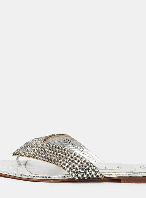Gina Size 36.5 Silver Leather Crystal Embellished Thong Flat Slides
