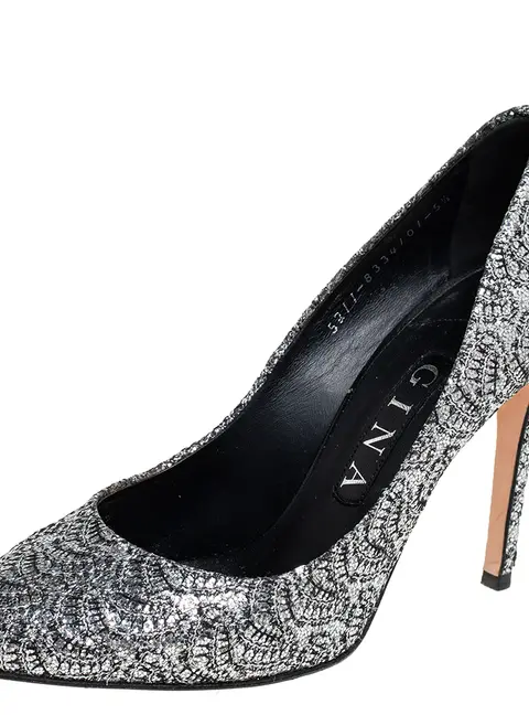 Gina Metallic Silver Lurex And Glitter Slip On Pumps Size 38.5