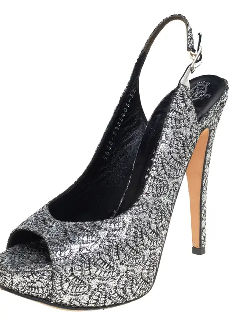 Gina Metallic Silver Glitter Peep Toe Platform Slingback Sandals Size 38.5