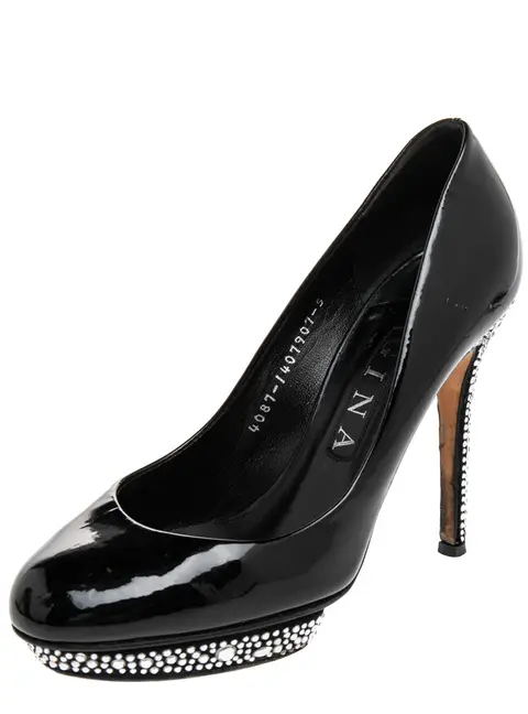 Gina Black Patent Leather Crystal Embellished Pumps Size 38