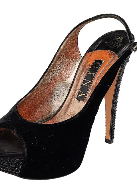Gina Black Velvet Crystal Embellished Peep Toe Platform Slingback Sandals Size 39