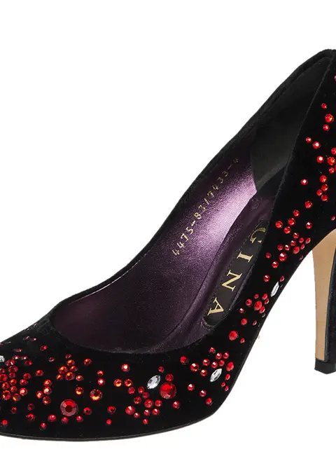 Gina Black Velvet  Embellished Round Toe Pumps Size 37