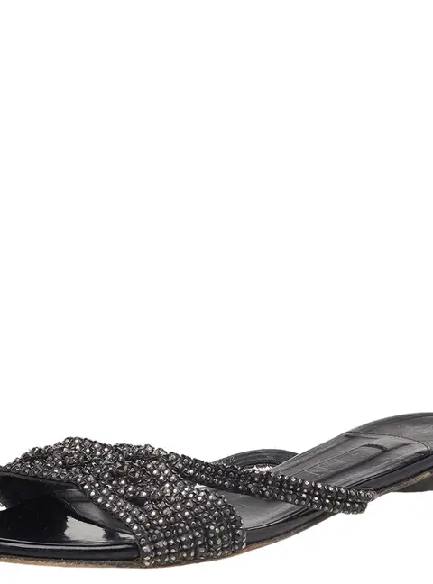 Gina Black Crystal Embellished Leather Flat Slides Size 37.5