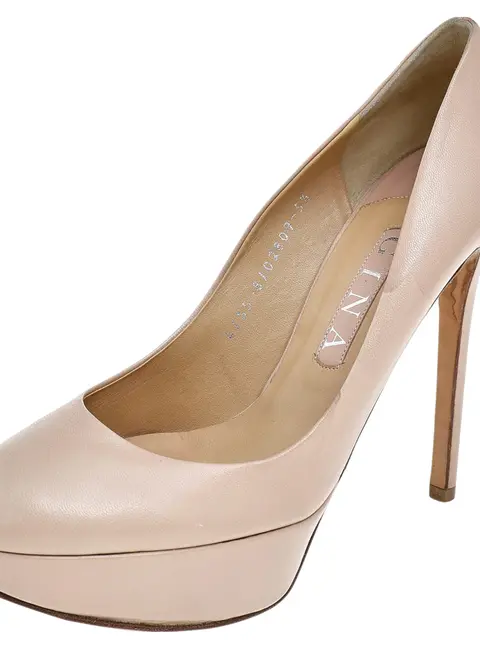 Gina Beige Leather Round Toe Platform Pumps Size 38.5