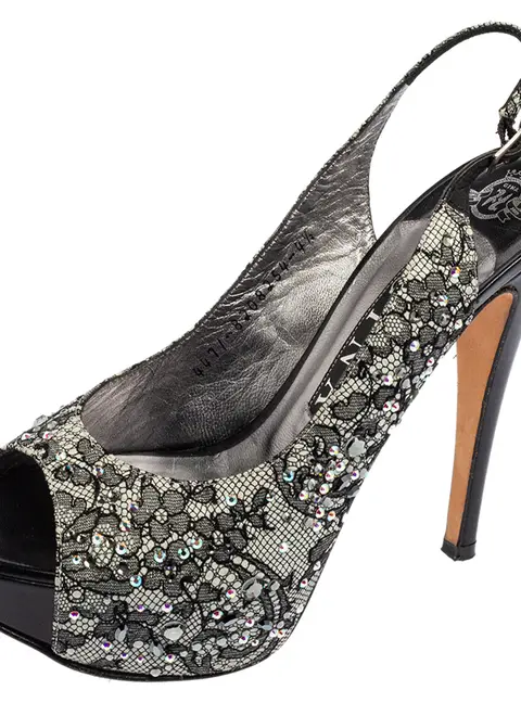 Gina Black Lace Crystal Embellished Peep Toe Slingback Platform Pumps Size 37.5