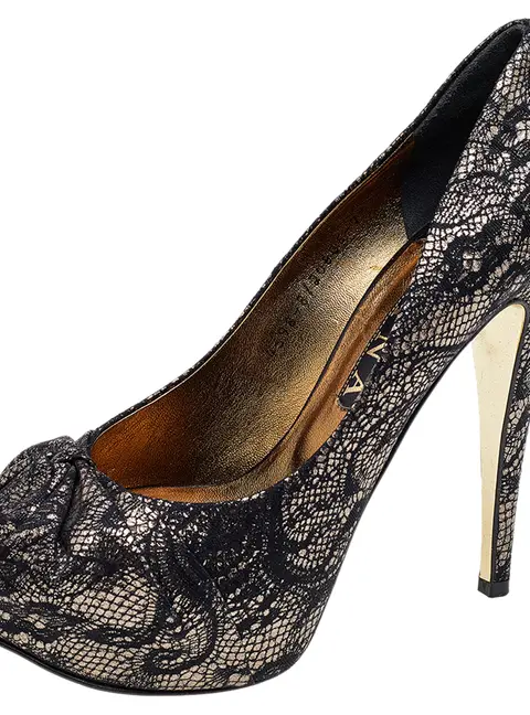 Gina Black/Gold Lace and Leather Platform Pumps Size 40