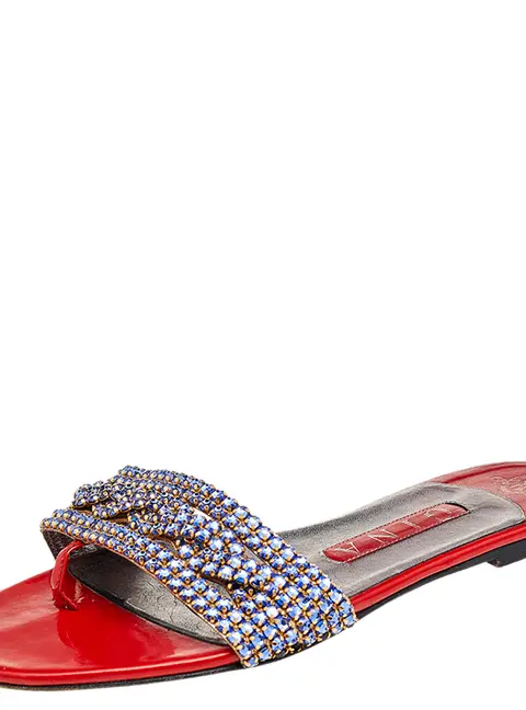 Gina Red/Blue Crystal Embellished Patent Leather Thong Flat Slides Size 37.5