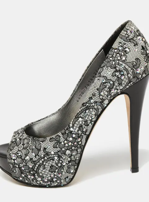 Gina Grey/Black Lace Crystal Embellished Open Peep  Platform Pumps Size 37
