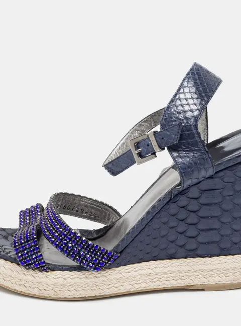 Gina Navy Blue Python Leather Crystal Embellished Wedge Platform Ankle-Strap Sandals Size 40.5
