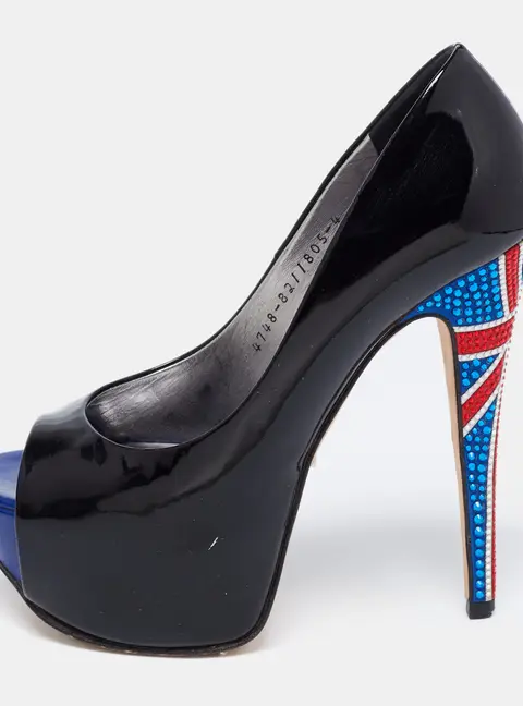 Gina Black Patent Leather Crystal Embellished Peep Toe Platform Pumps Size 37