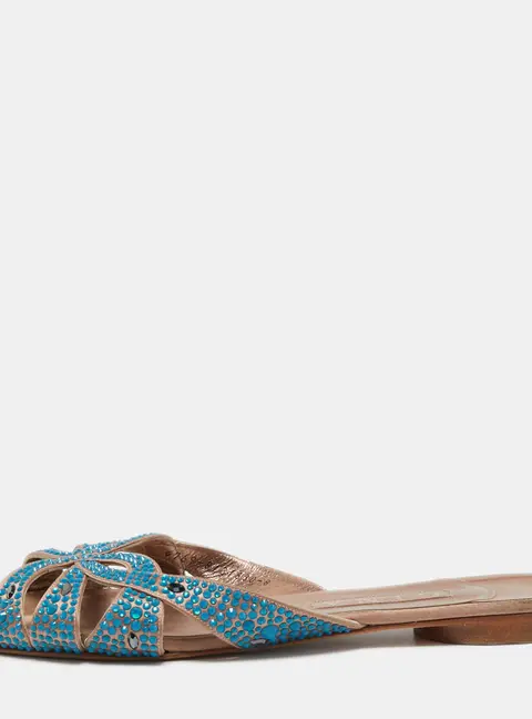 Gina Pink/Blue Crystal Embellished Satin Flat Slides Size 41