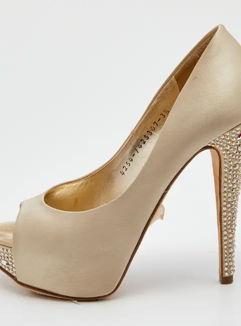 Gina Cream Satin Crystal Embellished Heel Open Toe Platform Pumps Size 36.5
