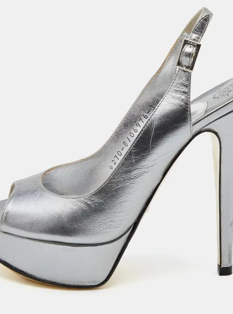 Gina Metallic Grey Leather Open Toe Platform Slingback Pumps Size 36.5