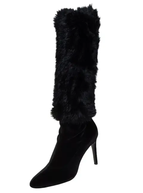 Giuseppe Zanotti Black Stretch Fabric And Fur Bimba Knee High Boots Size 40