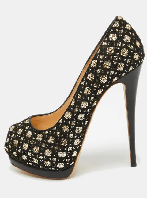 Giuseppe Zanotti Black/Gold Mesh and Glitter Platform Pumps Size 41