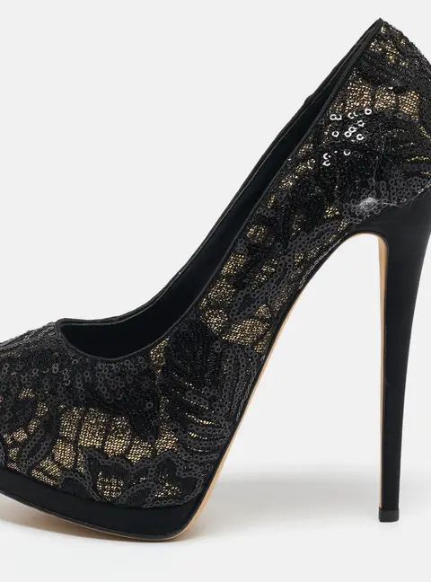 Giuseppe Zanotti Black Glitter and Sequins Peep Toe Pumps Size 39.5