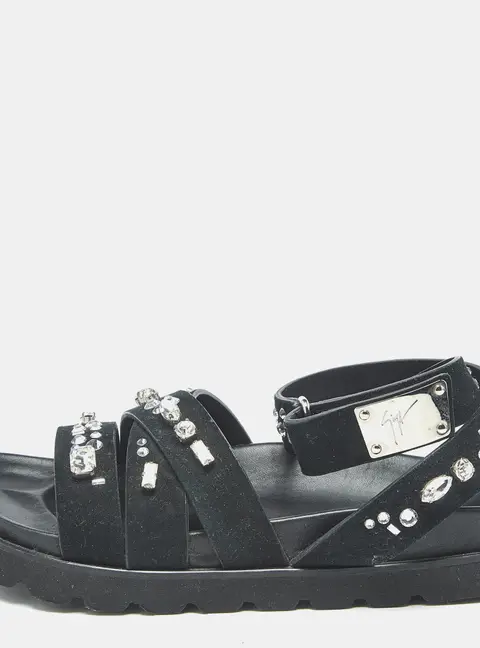Giuseppe Zanotti Crystal Embellished Size 36 Black Suede Flat Sandals