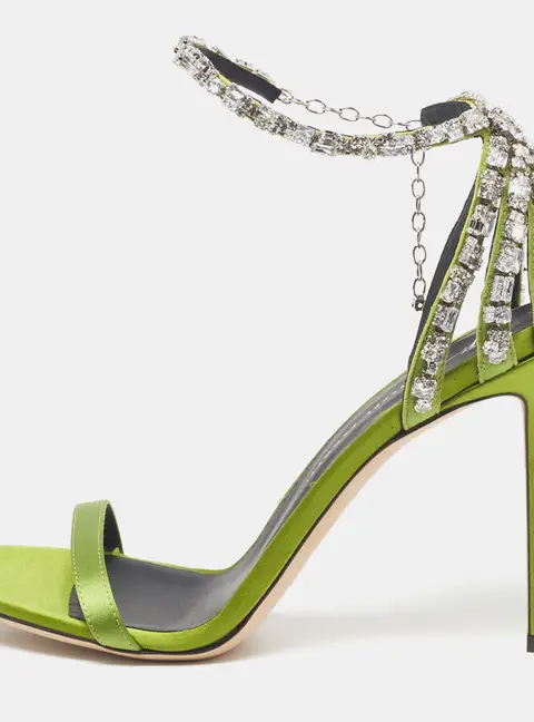 Giuseppe Zanotti Adele Size 38 Green Satin Crystal Embellished  Ankle Strap Sandals