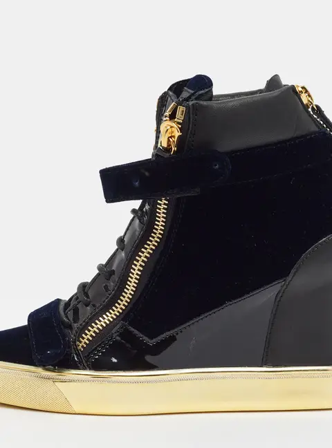 Giuseppe Zanotti Coby Size 39 Black/Navy Blue Patent Leather and Velvet Wedge Sneakers