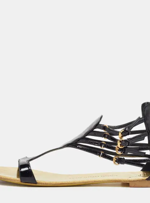 Giuseppe Zanotti Black Patent Leather Ankle Strap Flat Sandals Size 40
