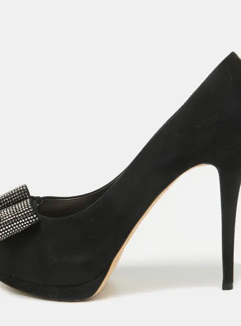 Giuseppe Zanotti Black Suede Crystal Embellished Bow Peep Toe Platform Pumps Size 41
