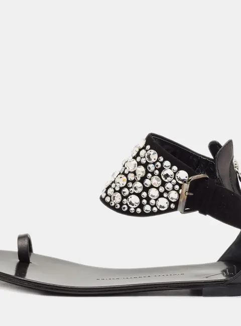 Giuseppe Zanotti Black Suede and Leather Crystal Embellished Ankle Wrap Flat Sandals Size 36