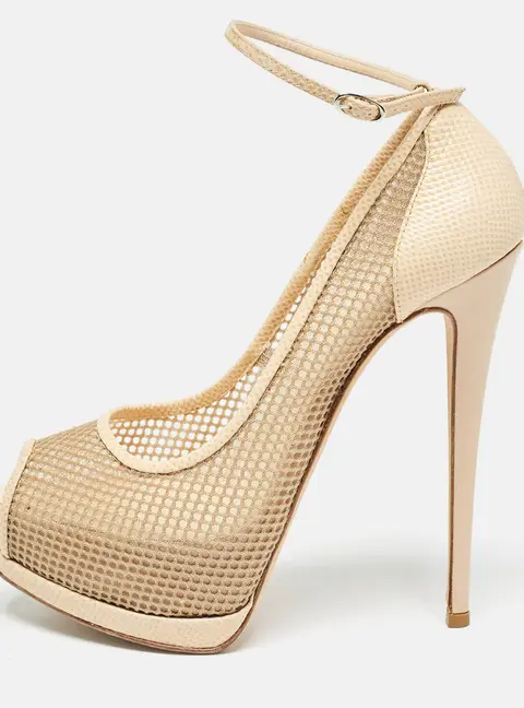 Giuseppe Zanotti Beige Mesh and Lizard Embossed Leather Peep Toe Pumps Size 40.5