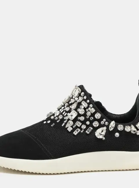 Giuseppe Zanotti Black Crystal Embellished Suede And Mesh May London Slip On Sneakers Size 36