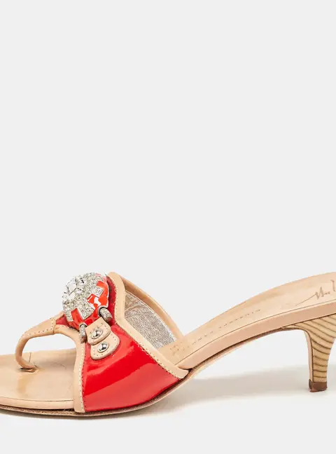Giuseppe Zanotti Red/Red Leather And Patent Crystal Embellished Slide Sandals Size 38