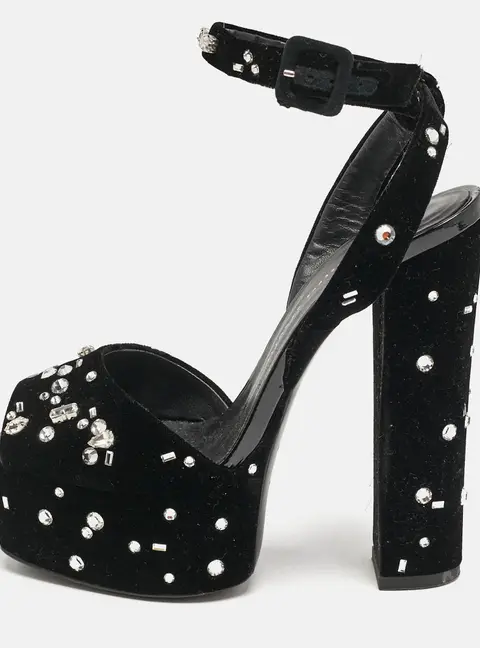 Giuseppe Zanotti Black Velvet Crystal Embellished Ankle Strap Platform Sandals Size 36