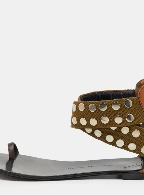 Giuseppe Zanotti Multicolor Studded Canvas and Leather Toe Ring Flat Sandals Size 38
