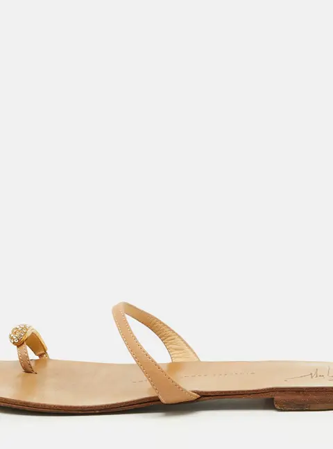 Giuseppe Zanotti Beige Leather Crystal Embellished Toe Ring Flat Sandals Size 38.5