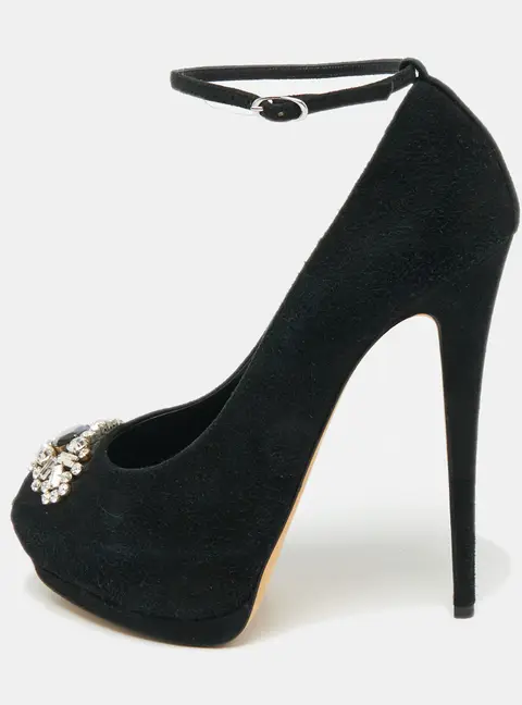 Giuseppe Zanotti Black Suede Crystal Embellished Ankle Strap Peep Toe Platform Pumps Size 40.5