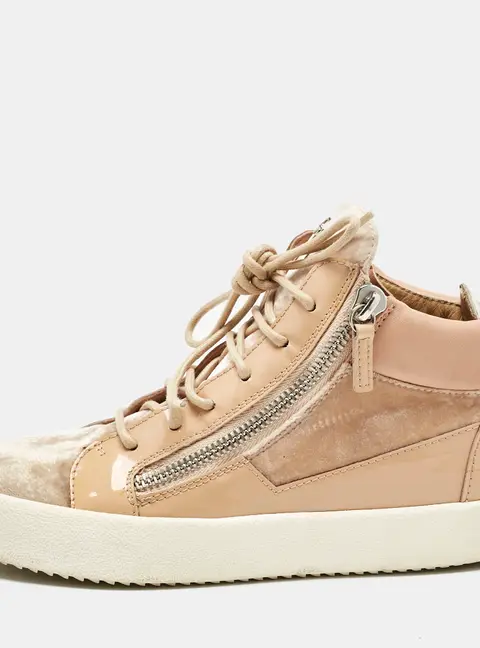 Giuseppe Zanotti Frankie Size 39 Beige Leather, Patent Leather and Velvet High Top Sneakers