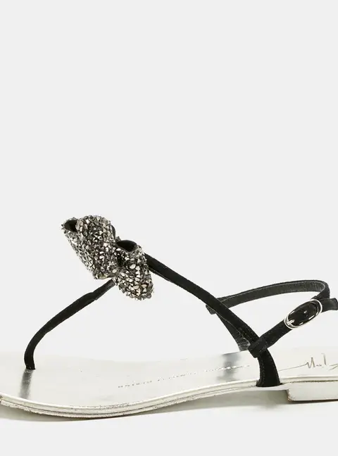 Giuseppe Zanotti Black Suede Crystal Bow Thong Flat Sandals Size 36