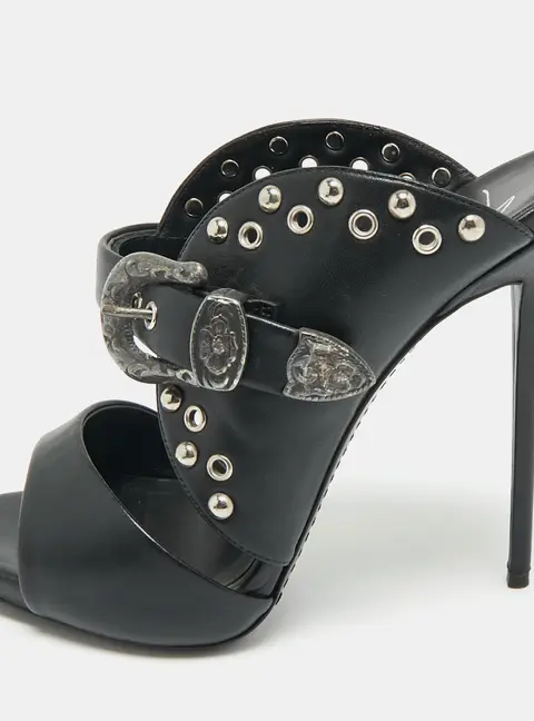 Giuseppe Zanotti Black Leather Studded Buckle Slide Sandals Size 38