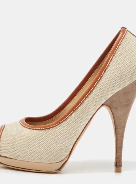 Giuseppe Zanotti Beige/Brown Canvas Peep Toe Platform Pumps Size 37