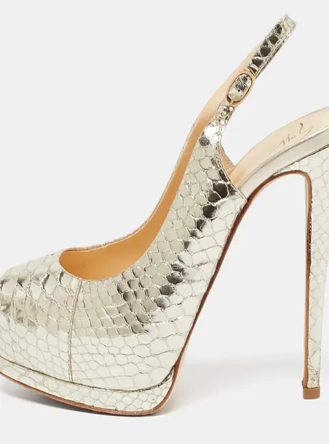 Giuseppe Zanotti Gold Python Embossed Leather Peep Toe Slingback Sandals Size 37.5