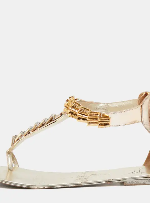 Giuseppe Zanotti Gold Leather Embellished Ankle Strap Flat Sandals Size 41