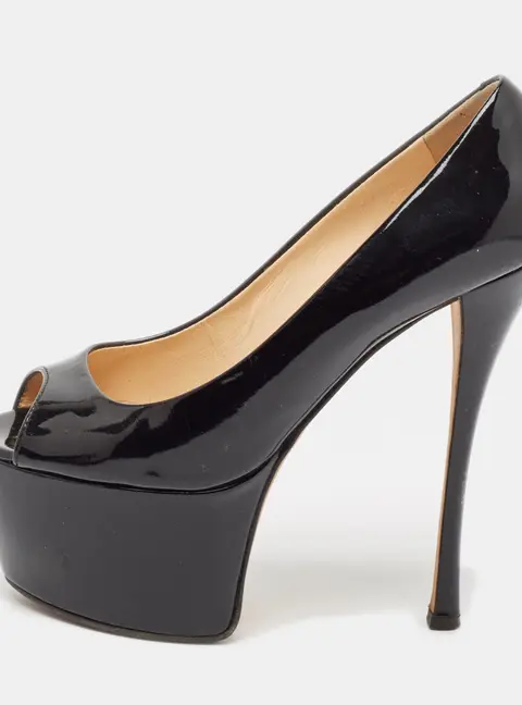 Giuseppe Zanotti Black Patent Leather Liza Peep-Toe Platform Pumps Size 38.5