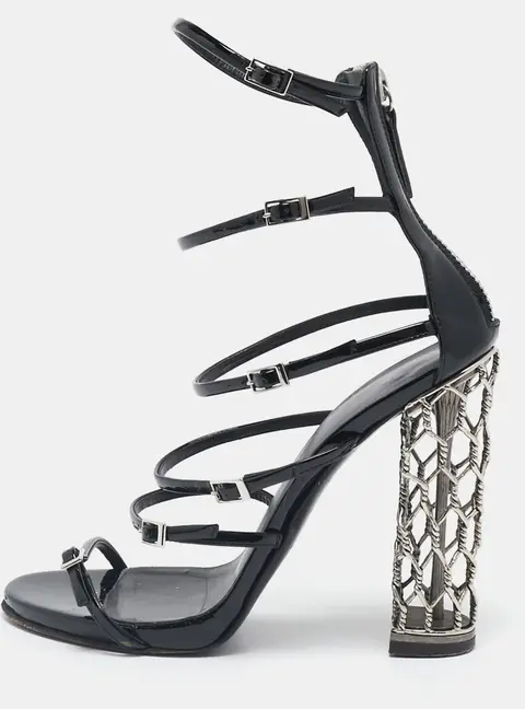 Giuseppe Zanotti Black Patent Leather Lauren Metal Cage Heel Strappy Sandals Size 38.5