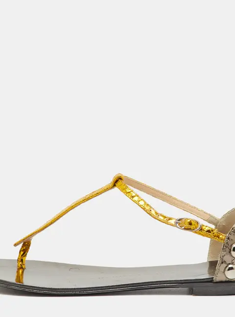 Giuseppe Zanotti Metallic Yellow/Grey Python Embossed Leather Flat Thong Sandals Size 36