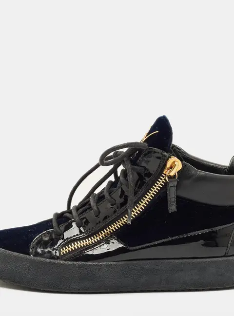 Giuseppe Zanotti Size 38 Navy Blue/Black Patent Leather and Velvet High Top Sneakers