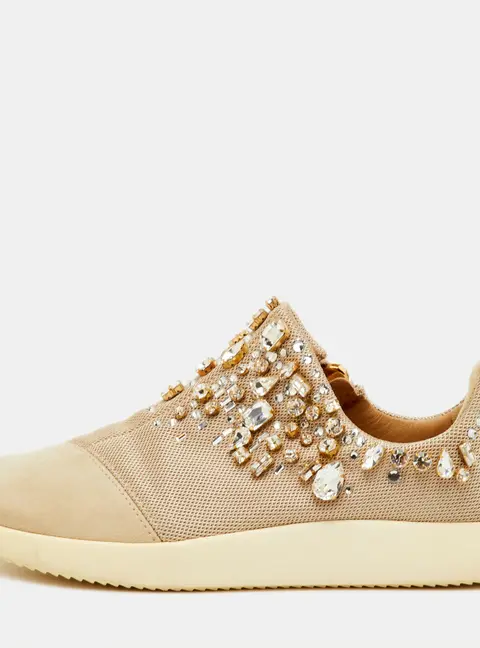 Giuseppe Zanotti May London Size 38 Beige Mesh and Suede Crystal Embellished Sneakers