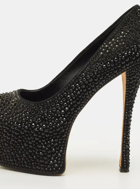 Giuseppe Zanotti Liza Size 38 Black Suede Crystal Embellished Peep Toe Pumps