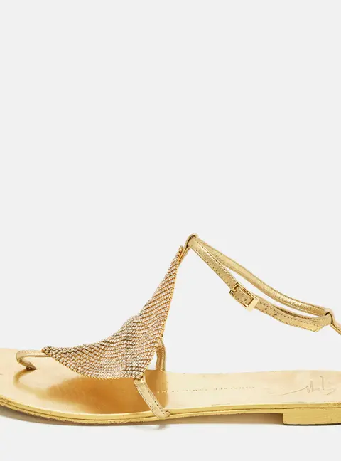 Giuseppe Zanotti Size 39 Gold Crystals and Leather Thong Ankle Strap Flats